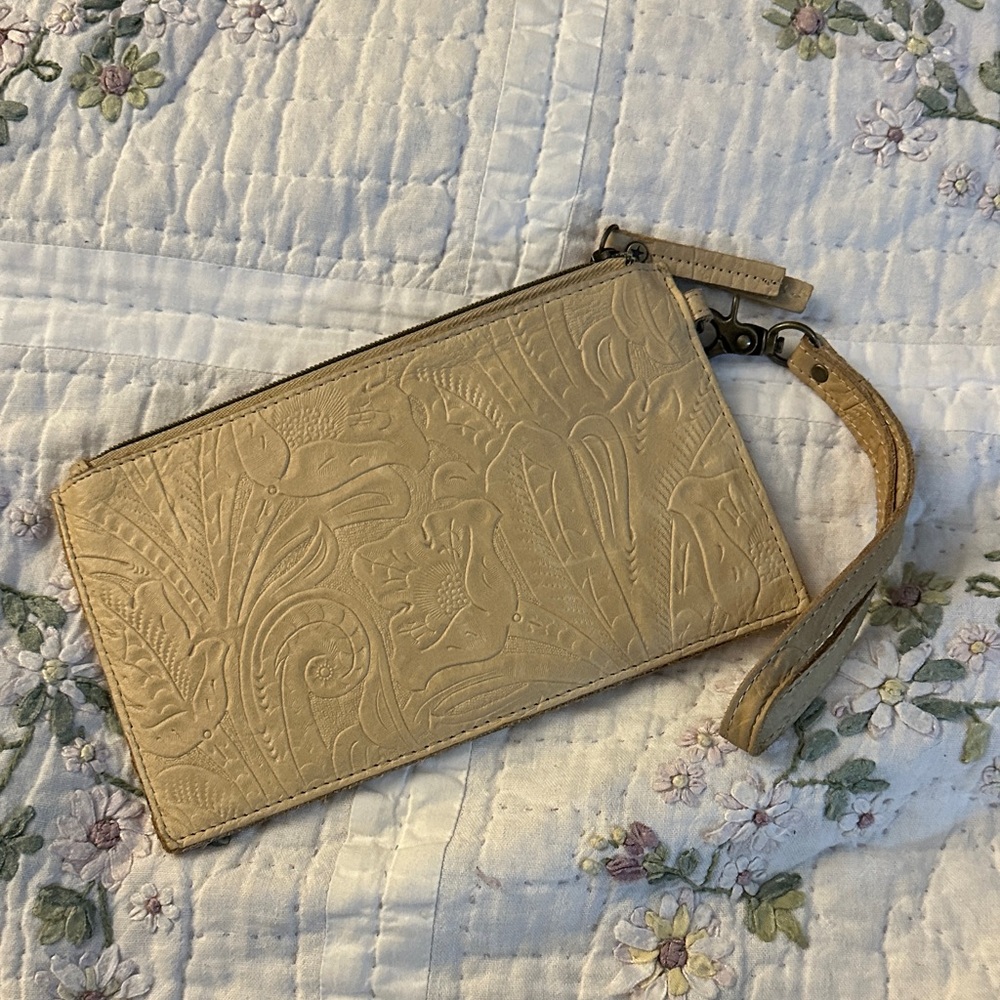 Embossed Tan Wristlet with Strap